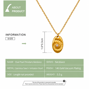 Collier avec pendentif en perle ovale, acier inoxydable, plaqué or 14 carats, design sculpté imitation perle - Product Image 2