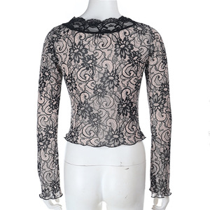 Sexy profondo scollo a v <span class=keywords><strong>in</strong></span> <span class=keywords><strong>pizzo</strong></span> <span class=keywords><strong>nero</strong></span> a manica lunga da donna Crop top eleganti da donna alla moda da ufficio indossano <span class=keywords><strong>camicetta</strong></span> e top Slim Fit - Product Image 6