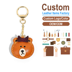 Cartoon Bear <b>Leather</b> Bag Charm Hand-stitched Vegetable Tanned Top Layer Cowhide <b>Keychain</b> Genuine <b>Leather</b> Car Hanging Ornament - Product Image 1