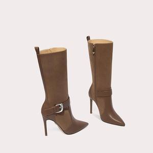 Botas hasta la rodilla con punta puntiaguda para mujer, botines largos con decoración de candado de Metal, zapatos de tacón fino de Metal alto - Product Image 3