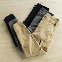 Celana kargo ketat untuk pria, celana kargo model Retro pinggang elastis terlaris, celana kancing tengah pinggang gaya kasual