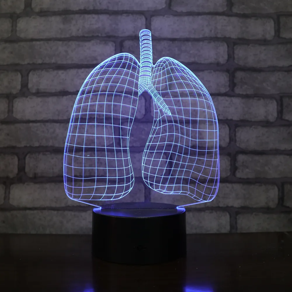 폐 장기 모양 주도 3D 야간 조명 RGB 다채로운 광학 테이블 램프 의사를위한 스마트 센서 공예 램프