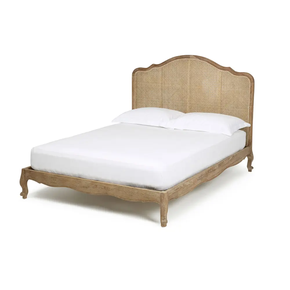 Furnitur kamar tidur, tongkat kayu padat, bingkai tempat tidur ganda, ukuran King Queen, rotan rotan alami, tempat tidur panjang