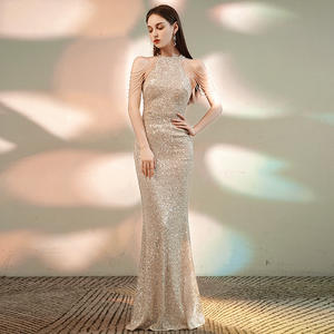 Fashionable evening <b>dress</b>, new <b>sequin</b> fishtail <b>dress</b> for host stage performances, halter neck with shoulder tassels - Product Image 3