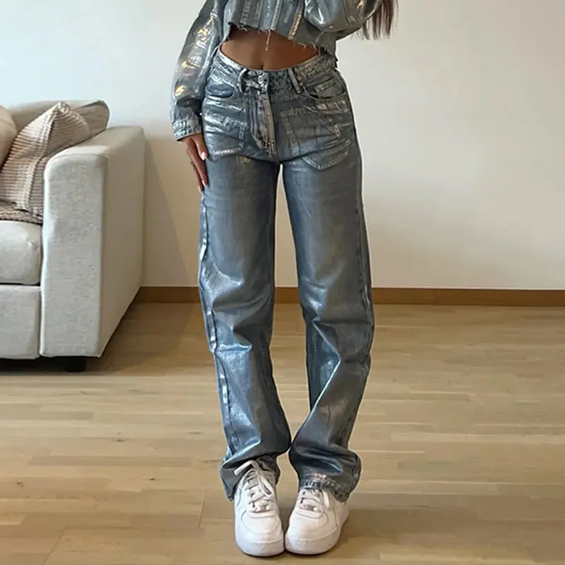 Tie Dye Cargo Denim Calças Y2K Streetwear Jeans Cintura Alta Moda Mulheres Outono Roupas Calças