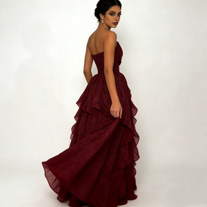 Robes pour femmes, bordeaux foncé, sans bretelles, col cœur, corsage plissé, volants superposés, fente haute, robe <span class=keywords><strong>de</strong></span> <span class=keywords><strong>soirée</strong></span> élégante <span class=keywords><strong>de</strong></span> style A - Product Image 4