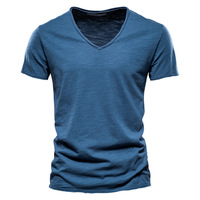 T-shirt d'été pour homme, décontracté, uni, col en V, manches courtes, anti-transpiration, coupe ajustée, pur coton, très vendu