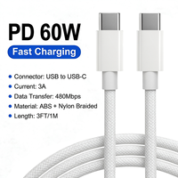 Câble USB C vers USB C à charge rapide PD 60W, 10 pieds, tressé en nylon, 3A, cordon de charge Type C pour téléphone, tablette, ordinateur portable
