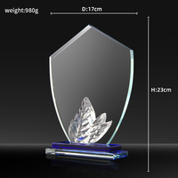Trophée en cristal transparent gravé sur mesure, design feuille, vente en gros, trophée artisanal en verre cristal