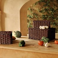 Panier de rangement artisanal avec couvercle, en rotin plastique écologique, idéal pour la maison, les placards et les étagères