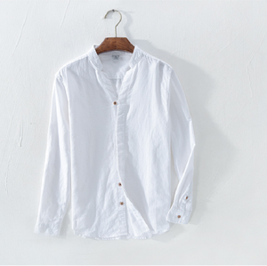 Camisa de Manga Larga con Cuello en V para Hombre, Color Blanco, Caqui, Azul Oscuro, Informal de Verano, Camisa de <span class=keywords><strong>Lino</strong></span> <span class=keywords><strong>Puro</strong></span> para Hombre, Diseño Masculino, Camisa Vintage de Otoño - Product Image 5