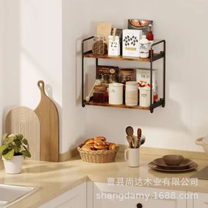 Cross-border double-layer iron <b>desktop</b> storage rack, home wall-mountable wooden kitchen countertop storage <b>shelf</b> - Product Image 4