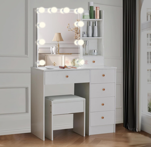 Juego de tocador blanco <span class=keywords><strong>con</strong></span> <span class=keywords><strong>espejo</strong></span> LED, escritorio, silla, 5 cajones y gabinete, 3 modos de iluminación - Product Image 2