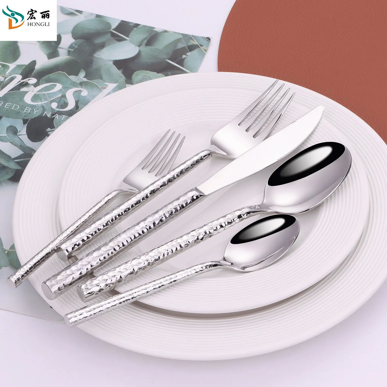 Luxury Mirror Dessert 5pcs Silverware Set Round Rod Hammer Grain Handle Cutlery 304 Stainless Steel Knife Fork And Spoon