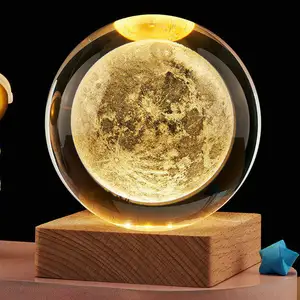 3D Crystal Ball Birthday Gift Solid Decoration Solar System Moon Round Wood Base Warm White Desk Lamp Night Light