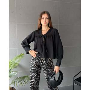 Basic Muslin Blouse With <b>Tie</b> Neckline <b>Women</b> Linen Bohemian Everyday Breathable Green - Product Image 2