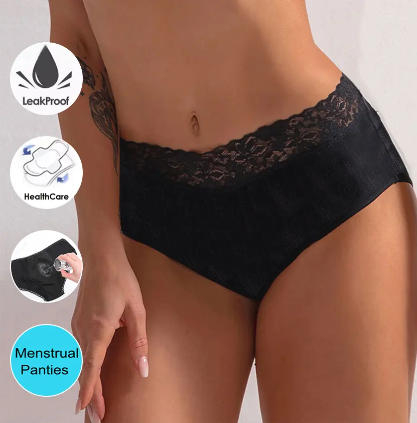 Wholesale Mid High Rise Women Black Lace 4 Layer Heavy Flow Period Leak Proof Menstrual Underwear Panty Panties For Menstruation