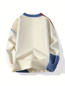 Autumn Winter Men's Loose Fit <strong>Crew</strong> <strong>Neck</strong> <strong>Sweater</strong> Warm Knitwear with Color Block Pattern Youth Casual Base Shirt Style