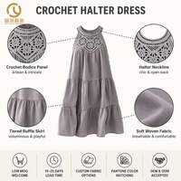Robe Courte Bohème Sans Manches pour Femme, Col Halter, Dentelle Crochetée, Superposée, Coupe Évasée, Lavande, Idéale pour les Vacances à la Plage (OEM/ODM)