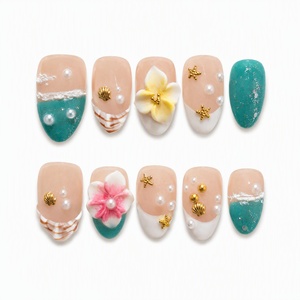 Faux Ongles à Presser Coquillage Perle Fleur Étoile de Mer Paillettes Amande pour Salon, Fête, Plage - Product Image 1