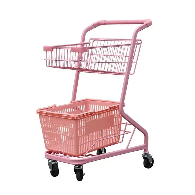 Kainice hot sales party push cart supermarket metal basket cart 2 tier Boutique Pink Color Double Layer Shopping Trolley cart