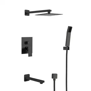 Torneira de chuveiro de banheiro moderna para fornecedor, 3 funções, 12 polegadas, suporte quadrado preto fosco, suporte de parede, chuveiro de chuva