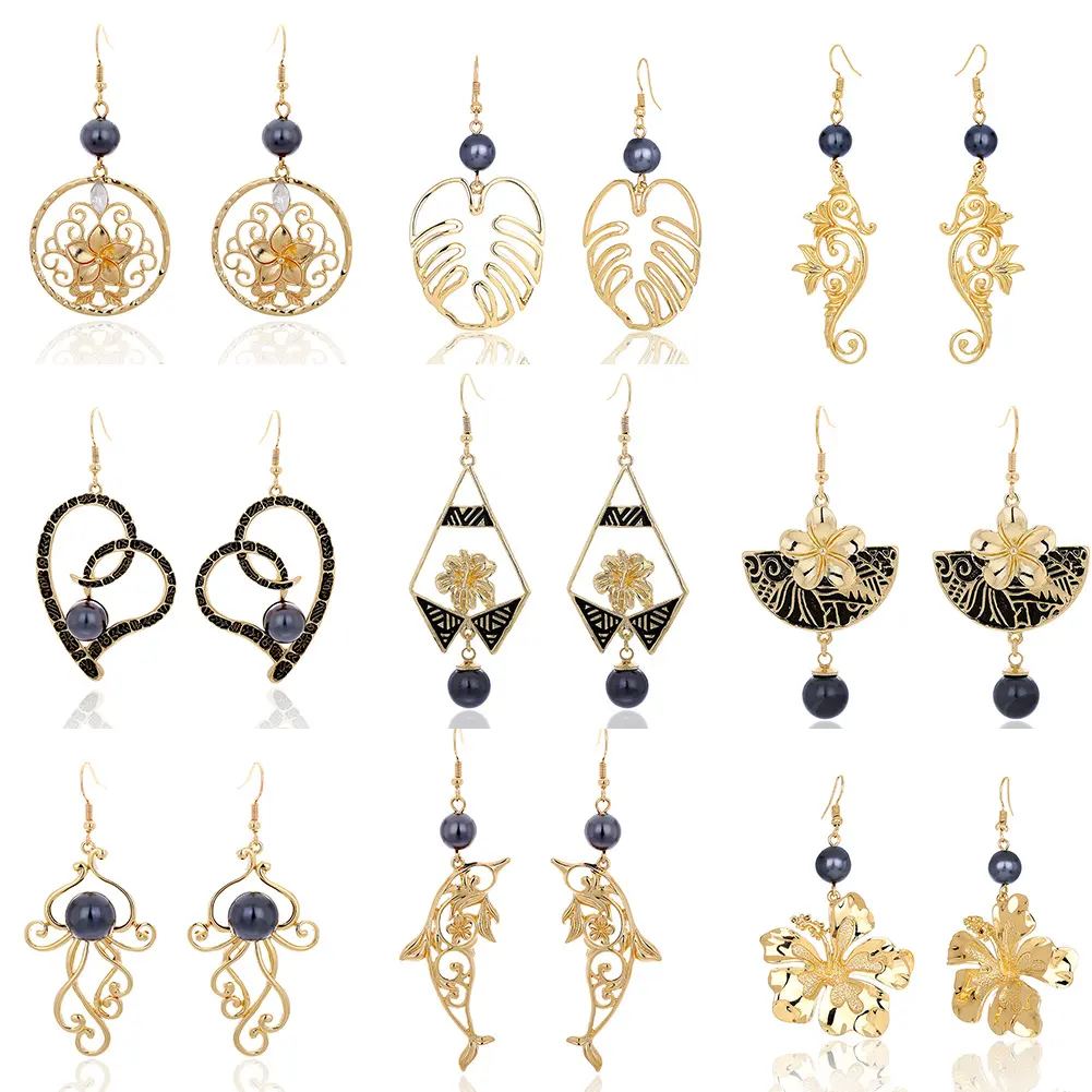 Cring CoCo Geometric Drop Plumeria Flower Pearl Heart 14k gold jewelry wholesale Gold Plated Earring Hawaiian Earrings