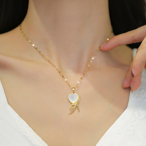 Colar de <span class=keywords><strong>laco</strong></span> mignon brillant diamant incrustation nœud collier 18K plaqué or chaîne en acier inoxydable oeil de chat pierre coeur arc collier - Product Image 3