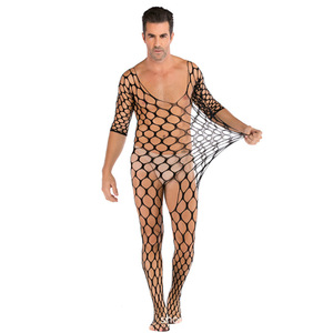 Men's <b>Fishnet</b> <b>Bodysuit</b> Black Nylon Thin Sexy Hollow Out One Piece Underwear For Special Occasion - Product Image 2