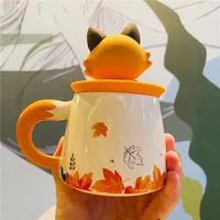 Ensemble de tasses à café en céramique avec couvercle, nouveau modèle d'automne, motif mignon de feuille d'érable, forêt d'automne, lapin mignon, renard mignon, écureuil, gland