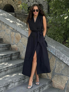 Robe chemise midi décontractée sans manches en coton pour femme, style <span class=keywords><strong>blazer</strong></span> vintage avec revers cranté et taille nouée, personnalisable 2026, usine OEM/ODM Chine - Product Image 3