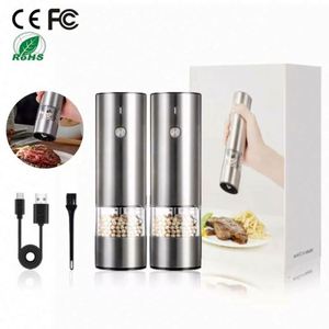 Rechargeable Semi-Automatic Electric Pepper Mill and Salt Grinder <b>Set</b> with Ceramic Mechanism Dust Cover Metal Stainless Steel - Product Image 2