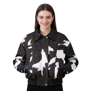 เสื้อแจ็คเก็ตบอมเบอร์สั้<span class=keywords><strong>น</strong></span>แบบมีซิป หนัง PU ลายวัว สไตล์อเมริกั<span class=keywords><strong>น</strong></span>แนวสตรีท ดีไซ<span class=keywords><strong>น</strong></span>์ใหม่สำหรับฤดูใบไม้ร่วง สำหรับผู้หญิง - Product Image 3
