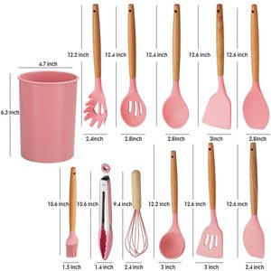 12 Stuks Goedkoop Keukengerei Keukengereedschap Roze Siliconen Gebruiksvoorwerp Keukenset Met Houten Handvat En Houder - Product Image 2