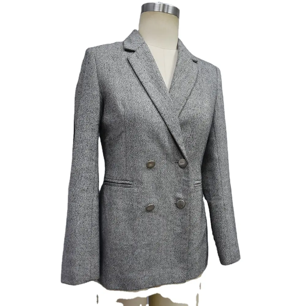 Ladies Suit Jacket Marl Blazer Office Wear Grey Top Quality Cotton / Polyester Business Suits OEM / ODM Long Sleeve Woman,women