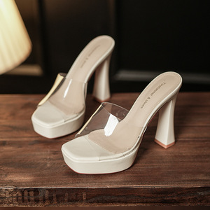 9696D Transparent Heeled Slides <b>Platform</b> Chunky <b>Heel</b> <b>Open</b> <b>Toe</b> Waterproof Summer Shoes - Product Image 1