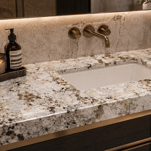 Dalle de granit crème Alaska à contraste doux, fond crème chaud, surface en pierre à mouvement naturel, plan de travail intérieur haut de gamme - Product Image 3