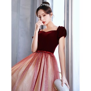 Evening Gown Women's Claret <b>A</b>-<b>Line</b> Sweetheart Neckline Tulle <b>Dress</b> With Contrast Color For Banquet Graduation Performance - Product Image 4