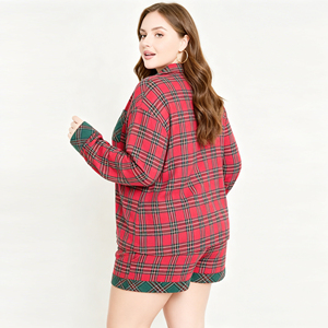 Wholesale Spring oversize Sleepwear Red Plaid Pant <b>Set</b> Long Sleeve Shirt Button Front Shorts <b>Christmas</b> Women <b>Pyjamas</b> - Product Image 6