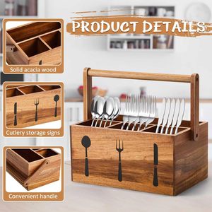 Wooden Silverware <b>Caddy</b> With Folding Handle Square Shape Standing Type For <b>Kitchen</b> Storage - Product Image 3