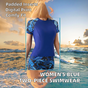 Costume <span class=keywords><strong>da</strong></span> <span class=keywords><strong>bagno</strong></span> due pezzi <span class=keywords><strong>da</strong></span> <span class=keywords><strong>donna</strong></span> all'ingrosso, comodo, blu stampato, con <span class=keywords><strong>pantaloncini</strong></span> per surf, immersioni e <span class=keywords><strong>bagno</strong></span>, logo frontale blu - Product Image 2