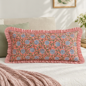 RIDHI Western Dusty Rose Floral Ruffle Lumbar <b>Pillow</b> Cover <b>Set</b> Handcrafted Cotton Customizable Block Print Machine Washable - Product Image 1