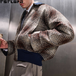 Blouson réversible à carreaux, fermeture éclair intégrale, col rabattu, ourlet côtelé contrastant, coupe décontractée, vêtement d'extérieur décontracté, fabrication sur mesure - Product Image 2