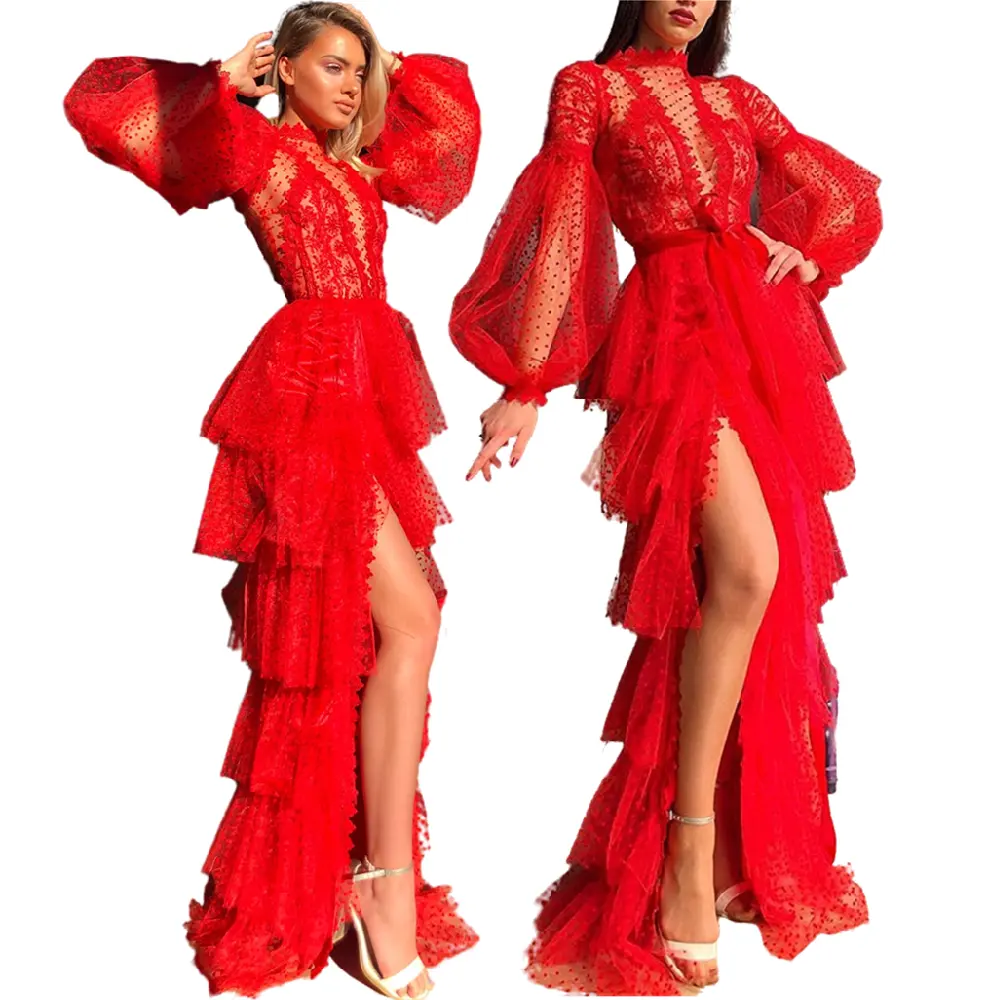 2021 New Sexy Fashion Womens Red Mesh Ruffles Floor Length Ball Gowns Long Sleeve Evening Dresses Party Dresses