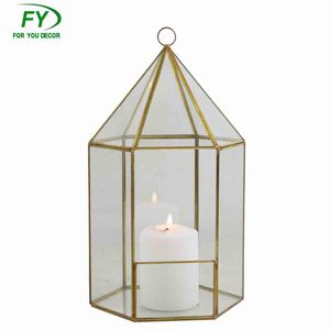 Latón dorado <span class=keywords><strong>casa</strong></span> verde de vidrio de metal geométrica linterna - Product Image 1