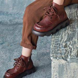 Bottines à bout rond en cuir de vache à semelle souple, style britannique, avec fermeture éclair latérale, plateforme, bottes Martin, chaussures pour femmes, nouvelle collection automne et hiver - Product Image 1