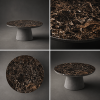 Table basse moderne en marbre artificiel avec base sculpturale finition ciment, personnalisable pour hôtels et espaces de vie