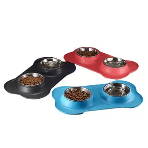 Kingtale mangkuk anjing peliharaan 2 mangkuk anjing baja tahan karat dengan alas silikon anti-selip tanpa tumpahan + mangkuk pengumpan air dan makanan hewan peliharaan