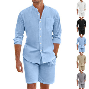 Conjunto de Dos Piezas de Verano para <span class=keywords><strong>Hombre</strong></span>, Personalizado OEM, Camisa de Lino con Botones, Pantalones Cortos de Manga Larga, Cárdigan, Atuendo Casual de Playa - Product Image 2