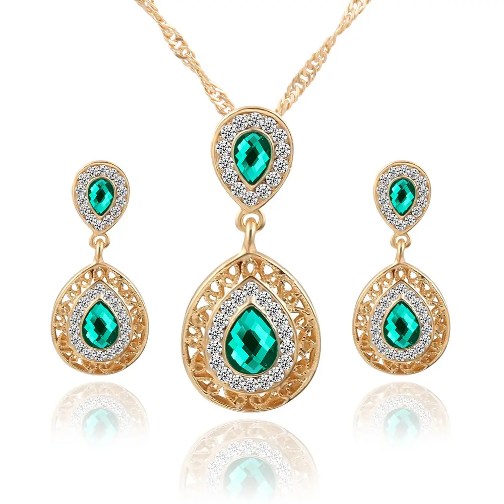 Finetoo Fashion Drop Shaped Red Blue Green Rhinestone Necklace and Earrings Women's Jewelry Set
